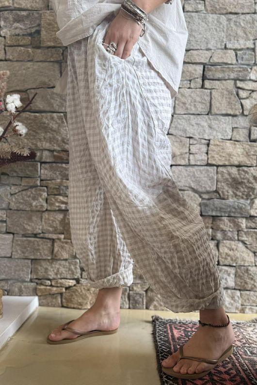 Nonni Gingham Classic Barrel Pant Stone